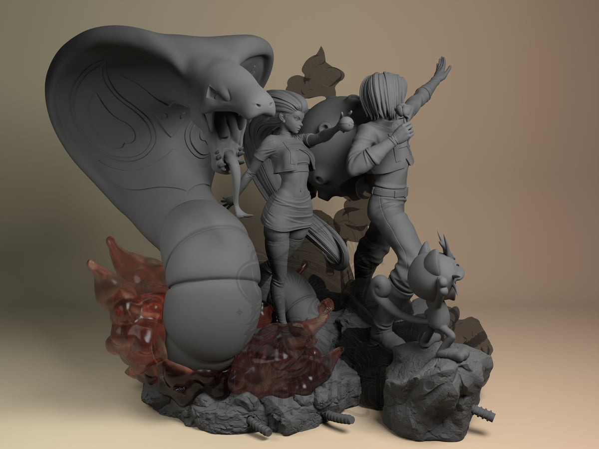 Right-angle view of Jessie and James from Pokémon in an unpainted resin diorama on rocks.