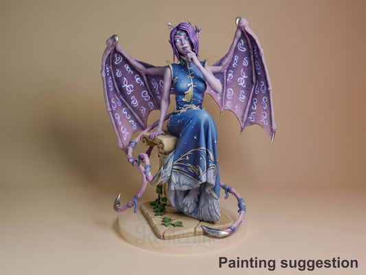Nocticula resin figure from Pathfinder, painted purple with blue dress and wings spread wide, perched on base with stone detail.