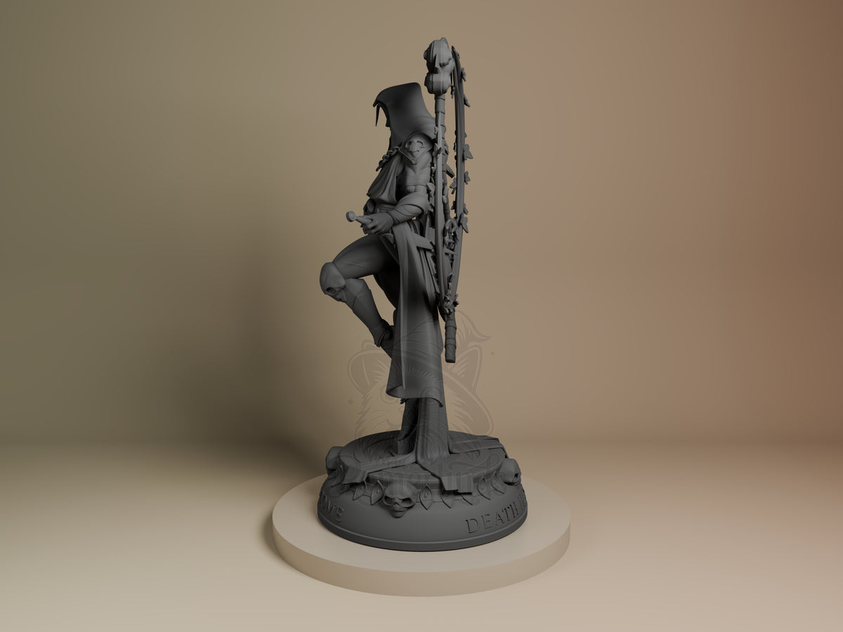 Thanatos resin figure from Hades in unpainted gray, posed climbing a scythe on decorative base, shown from angled side view.