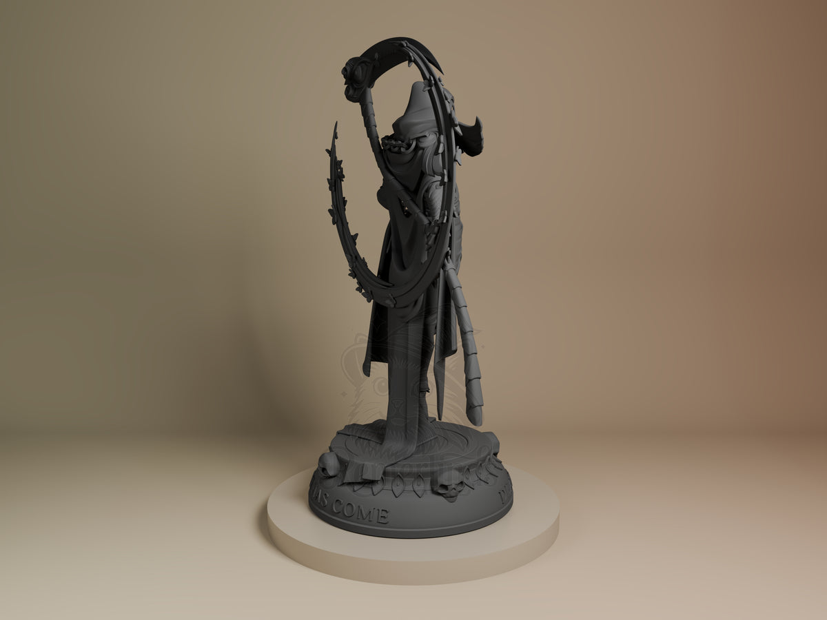 Thanatos resin figure from Hades shown from behind, unpainted gray resin, holding scythe overhead on decorative base with text detail.