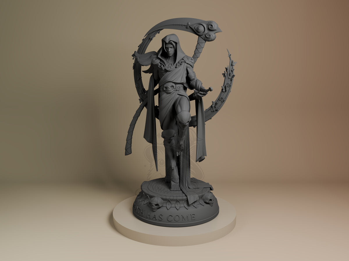 Thanatos resin figure from Hades shown front-facing on cream base, holding curved scythe and staff, unpainted gray resin detail.