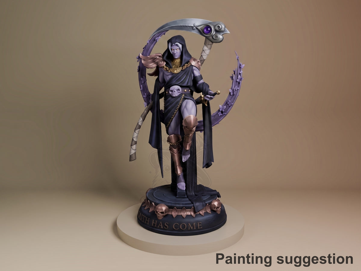 Thanatos resin figure from Hades, painted in black and purple robes, holding scythe overhead, ornate base with gold accents, three-quarter view.