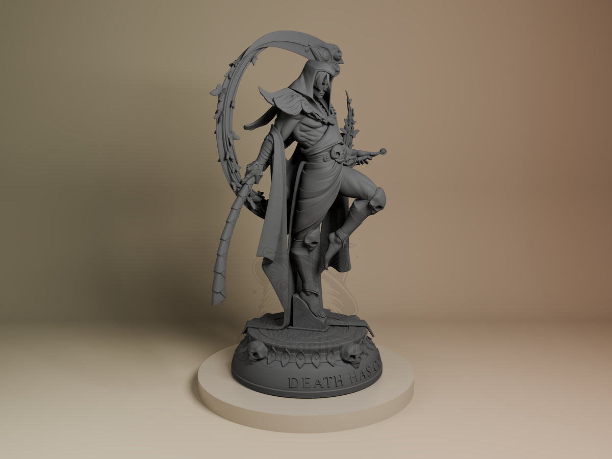 Thanatos resin figure from Hades shown from right angle, unpainted gray, wielding scythe with flowing robes, standing on Death Harp base.