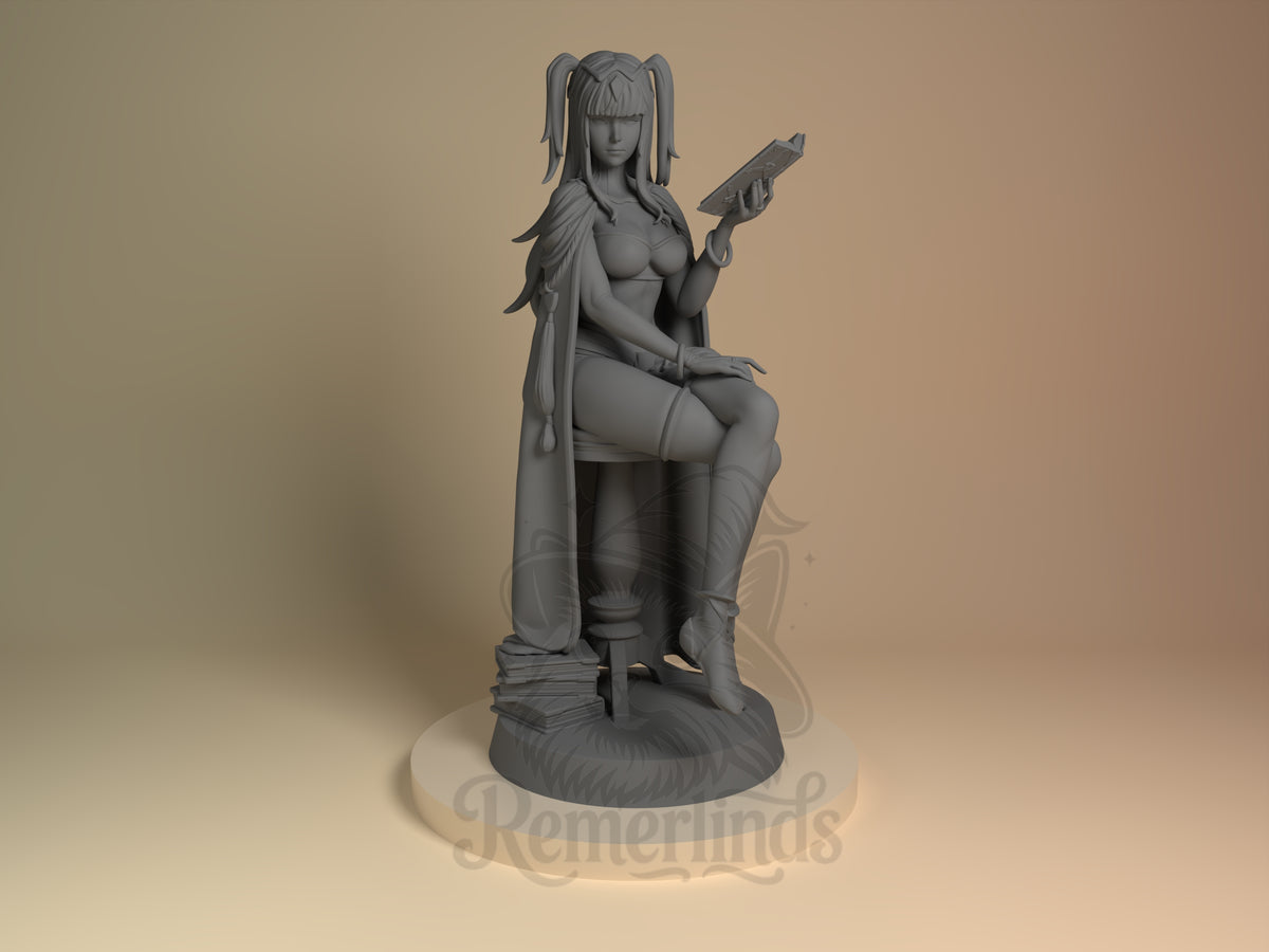 Original Dark Sorceress Fire Symbol 3D printed resin figure by Nomnom, unpainted front view. The figure depicts a dark sorceress seated confidently with her legs crossed, holding an open book in one hand suggesting magical study or spellcasting. She wears a cape with textured shoulder details and high boots, giving a regal and mystical appearance. The base includes a small pedestal and a stack of books, enhancing the thematic composition focused on magic and knowledge.