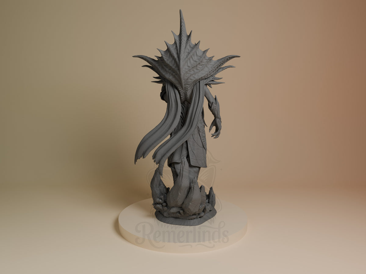 The Emperor resin figure from Baldur's Gate shown from behind, displaying spiked head crown, flowing robes, and clawed feet on cream base, unpainted gray resin.