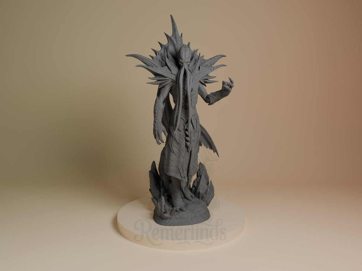 The Emperor resin figure from Baldur's Gate, unpainted gray, shown front-facing on a circular base with spiky crown and flowing robes, right arm raised.