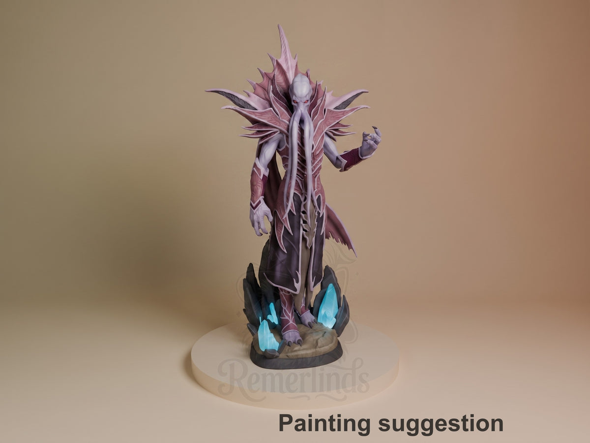 The Emperor resin figure from Baldur's Gate in painted purple and lavender, shown from front angle with spiked crown and outstretched arm on cyan crystal base.