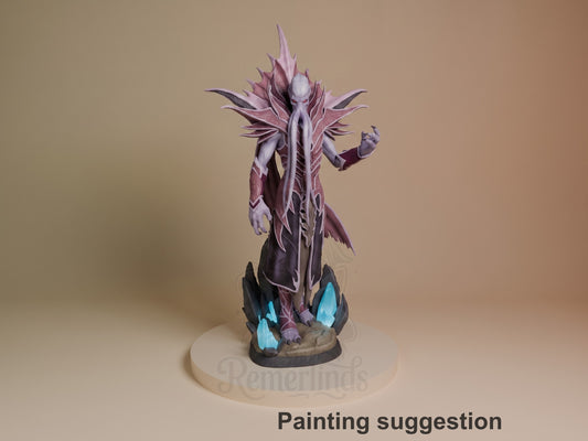 The Emperor resin figure from Baldur's Gate in painted purple and lavender, shown from front angle with spiked crown and outstretched arm on cyan crystal base.