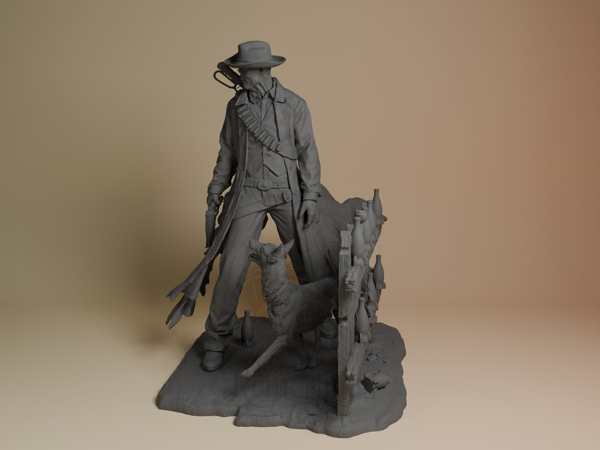 Ghoul resin figure from Fallout in gray unpainted resin, standing on rocky base with skeletal dog companion and wooden structure, shown at three-quarter angle.