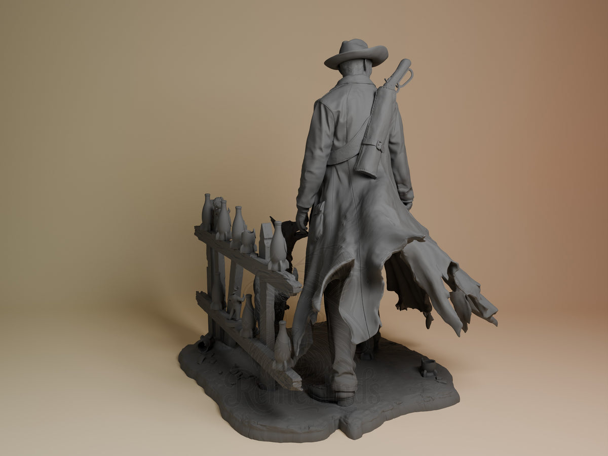 The Ghoul resin figure from Fallout, viewed from behind, wearing a duster coat and wide-brimmed hat, standing on a detailed base with debris.