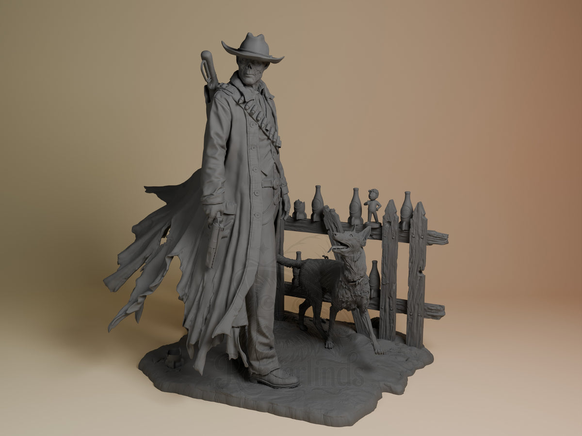 The Ghoul resin figure from Fallout stands in long coat with baseball bat, beside wooden fence and dog on unpainted grey base, front angle view.