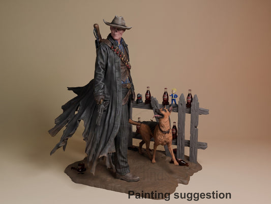 Painted Ghoul resin figure from Fallout in cowboy attire, posed with diorama base featuring fence, dog, bottles, and character figurines.