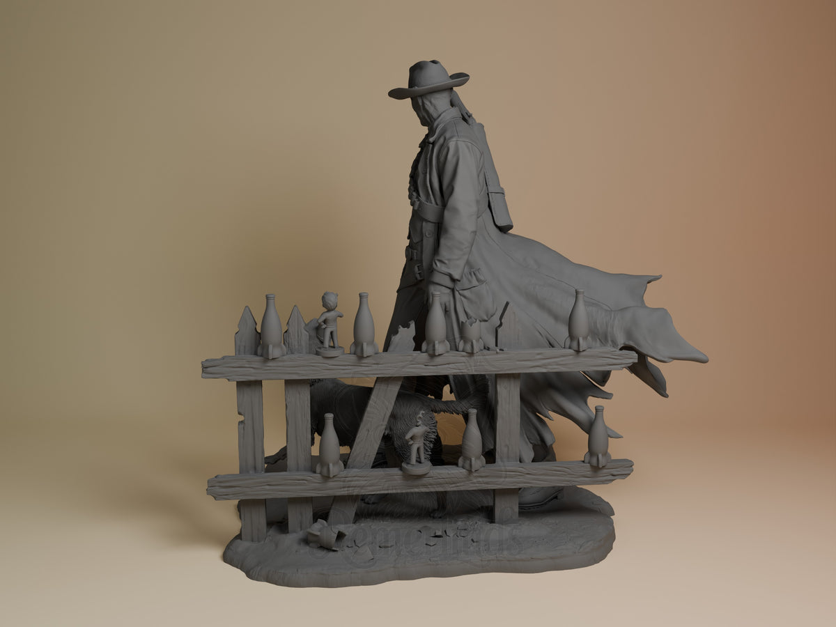 The Ghoul resin figure from Fallout shown from the left side, unpainted gray, standing on a wooden shelf base with miniature bottles and figures.