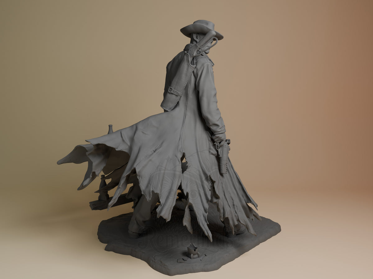 The Ghoul resin figure from Fallout shown in right profile, wearing weathered coat and hat, unpainted gray with detailed tattered clothing and base.