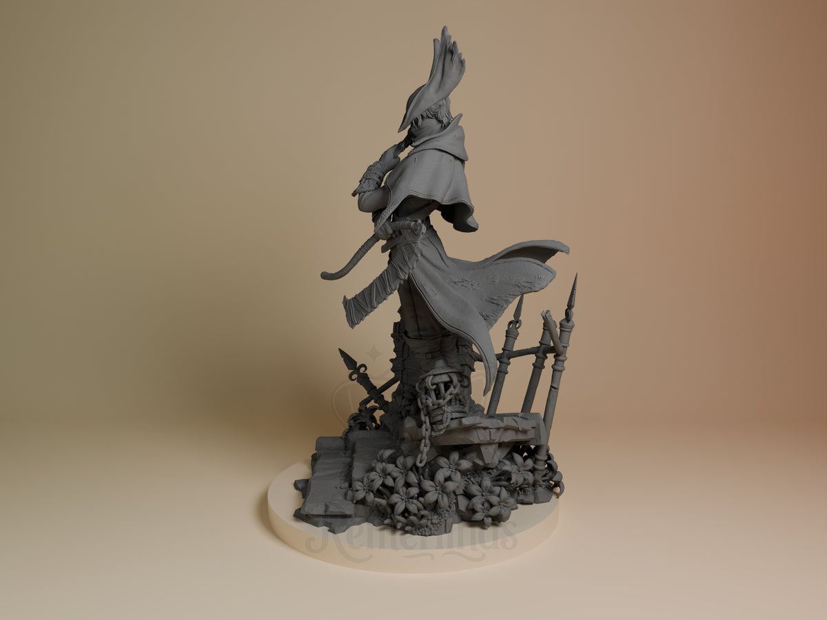 Angled view of Shadow Tracker from Gothic Hunt, an unpainted resin figure on a sculpted floral base.
