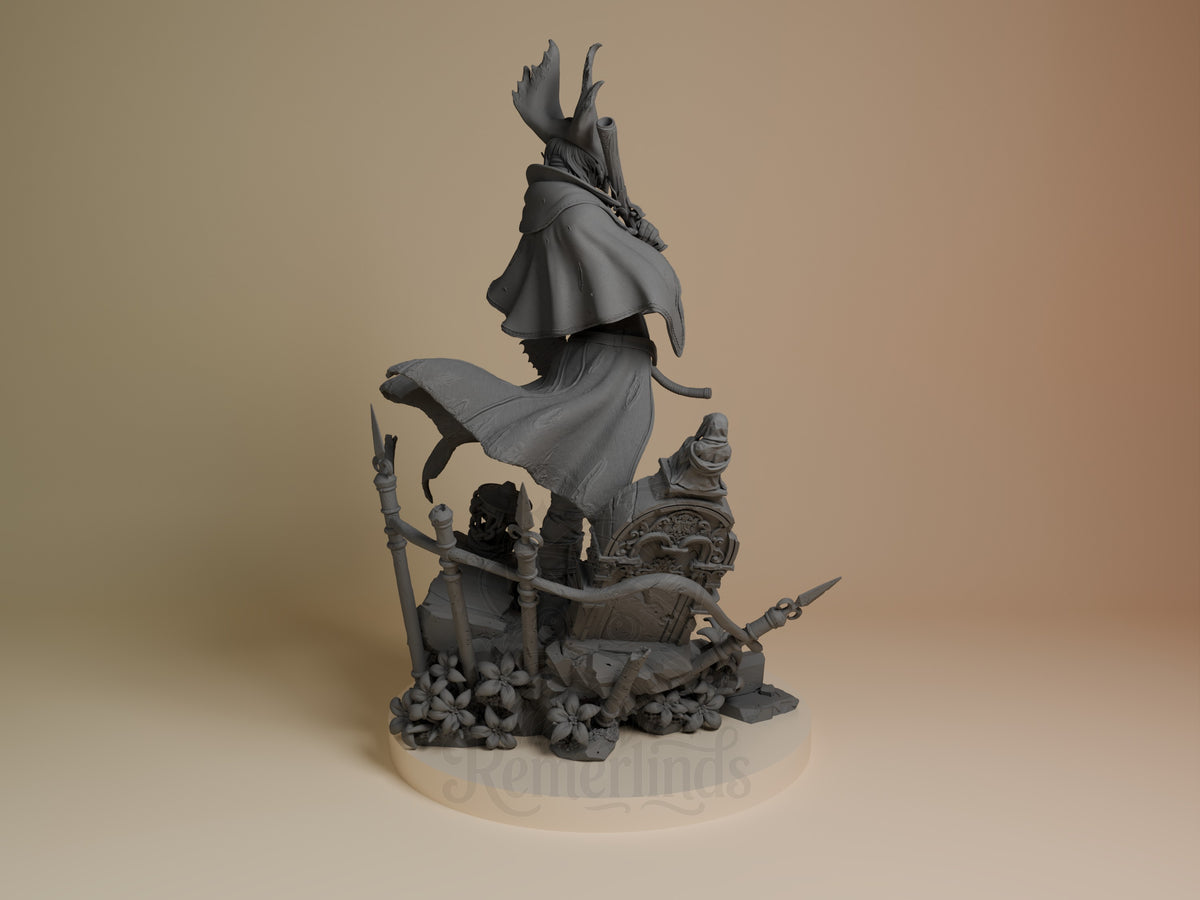 Shadow Tracker from Gothic Hunt is shown from behind as an unpainted resin figure with antlers, cloak, and floral base.