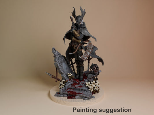 Painted Shadow Tracker resin figure from Gothic Hunt stands three-quarter view with bow and flowers on a sculpted base.