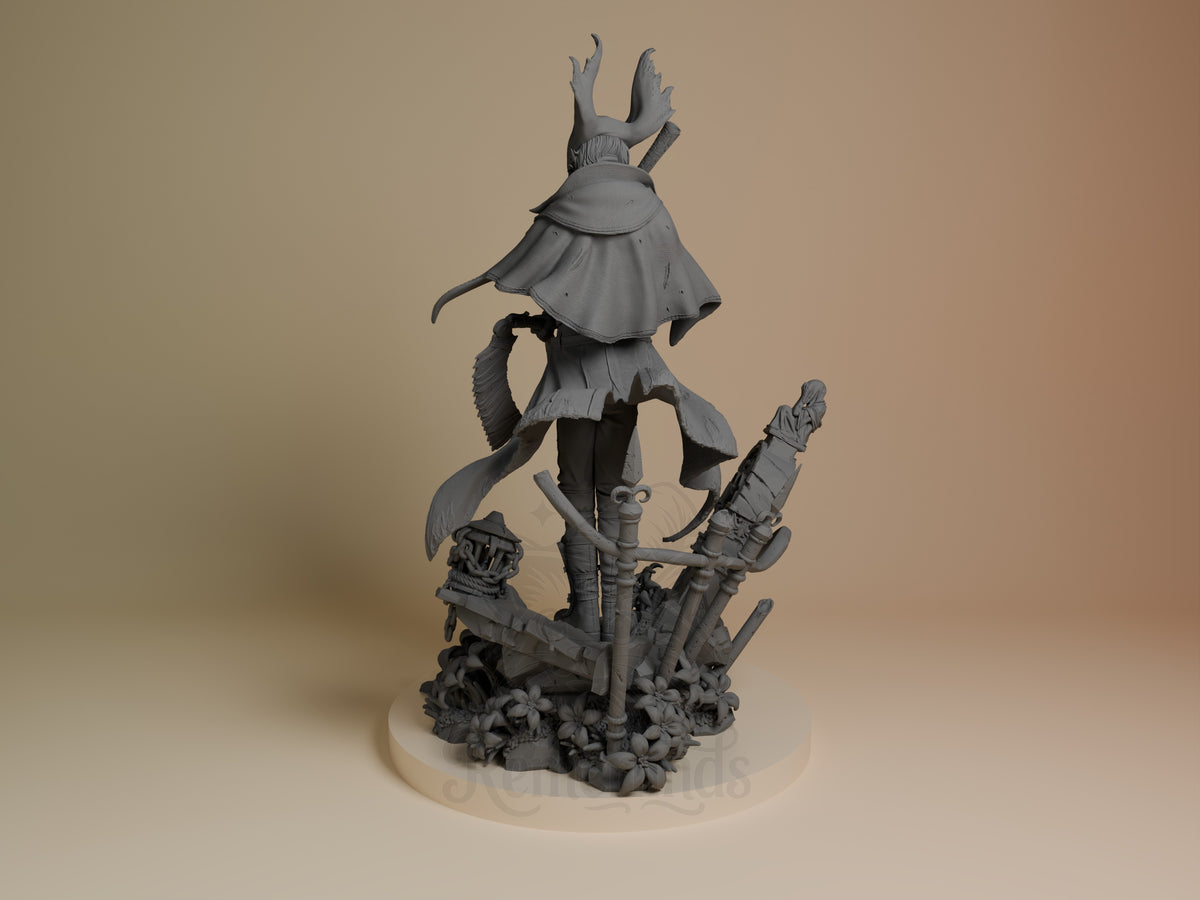 Left view shows Shadow Tracker from Gothic Hunt, an unpainted resin figure with antlers and cloak on a floral shipwreck base.