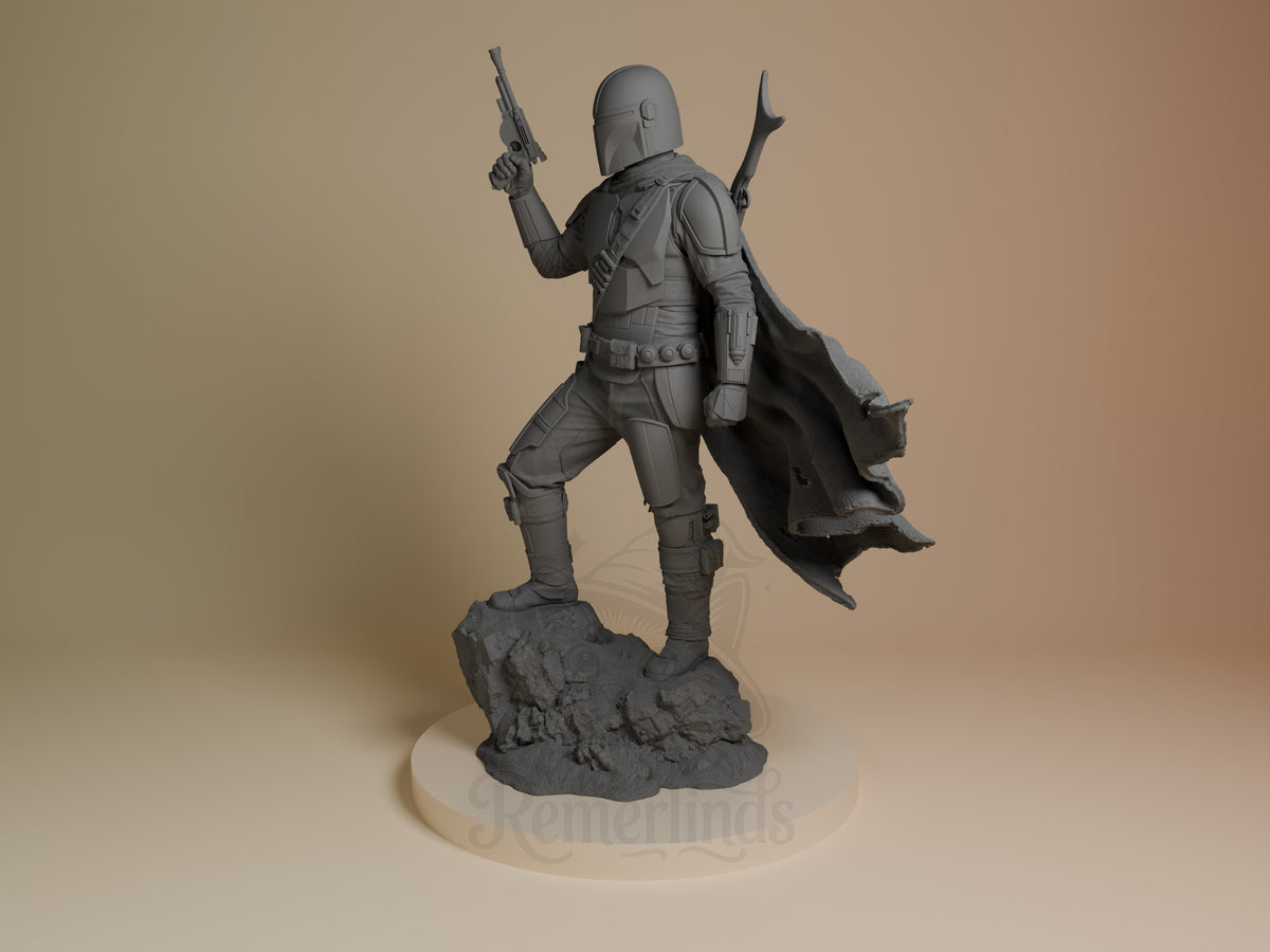 The Mandalorian from Outer Rim Hunter is an unpainted resin figure shown at angle, posed with raised blaster on rocky base.