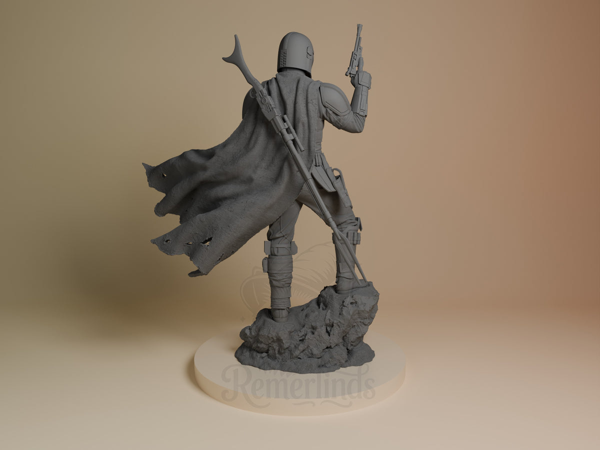 The Mandalorian from Outer Rim Hunter is an unpainted resin figure with rifle and rocky base.