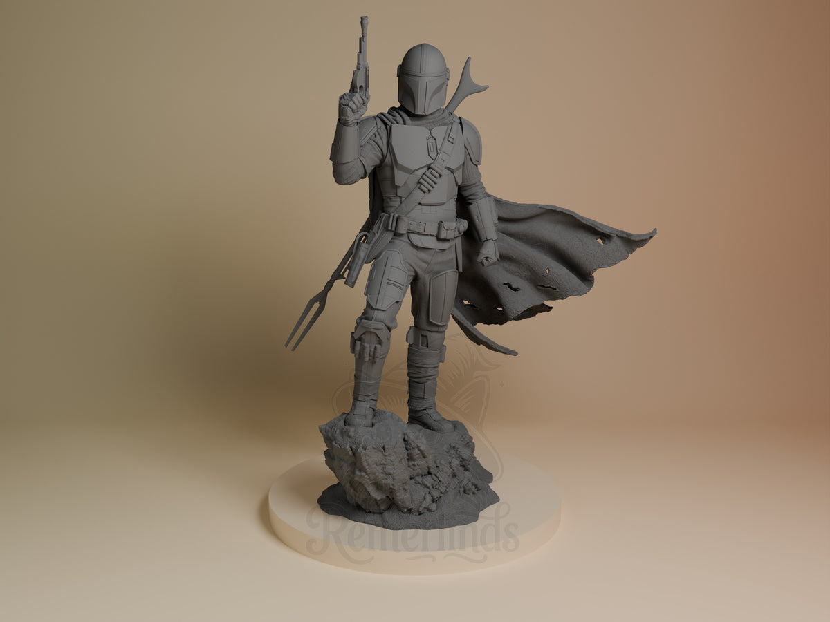 Front view of The Mandalorian from Outer Rim Hunter, an unpainted resin figure standing on a rocky base.