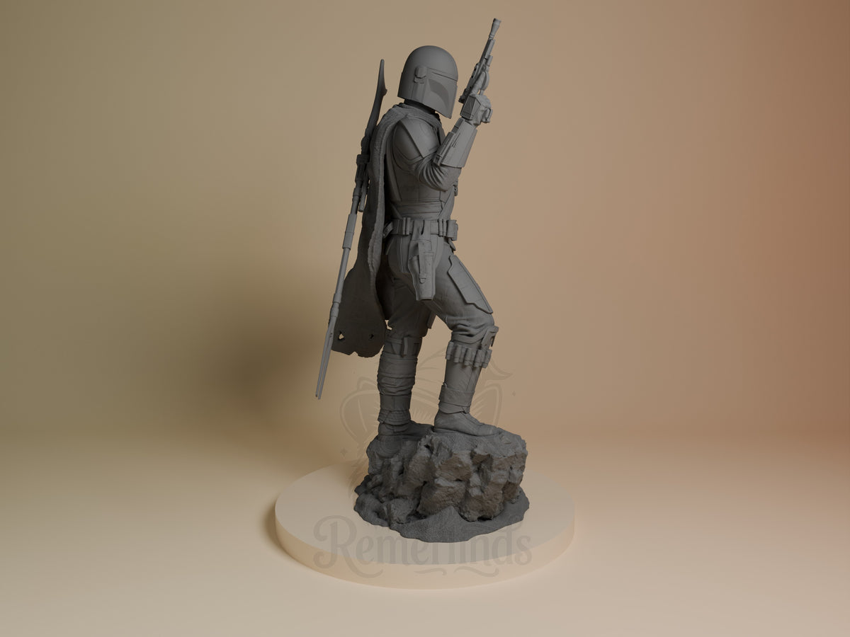 The Mandalorian from Outer Rim Hunter is an unpainted resin figure in profile with a raised rifle and rocky base.