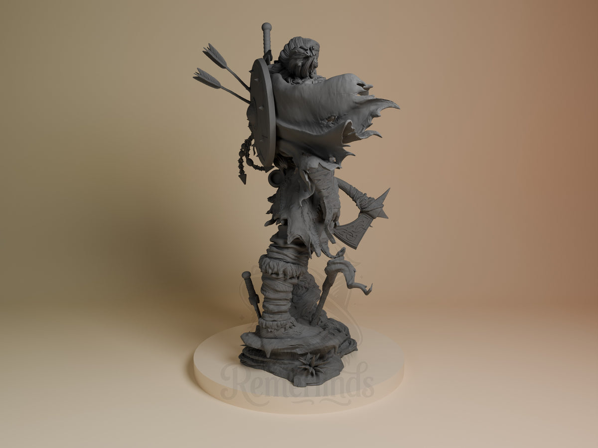 The North Warrior from Original Art resin figure is shown from behind, unpainted, with shield, arrows, cloak, and base.