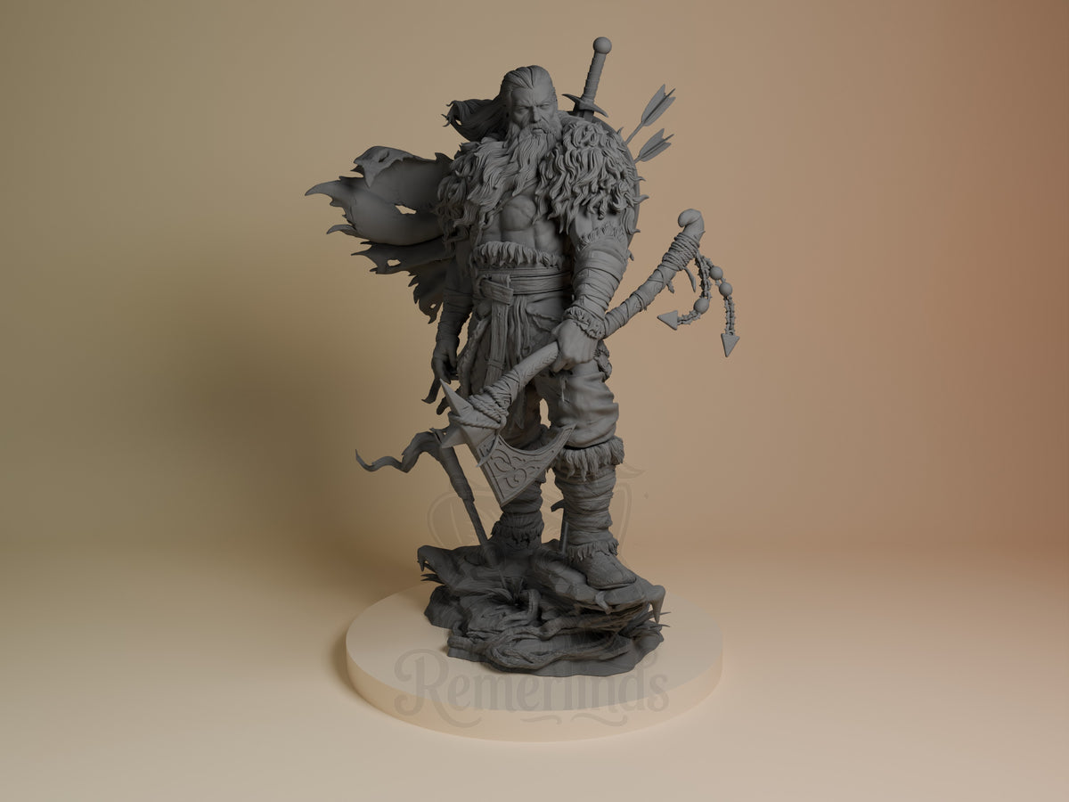 Front view of The North Warrior from Original Art, an unpainted resin figure with axe and sculpted base.