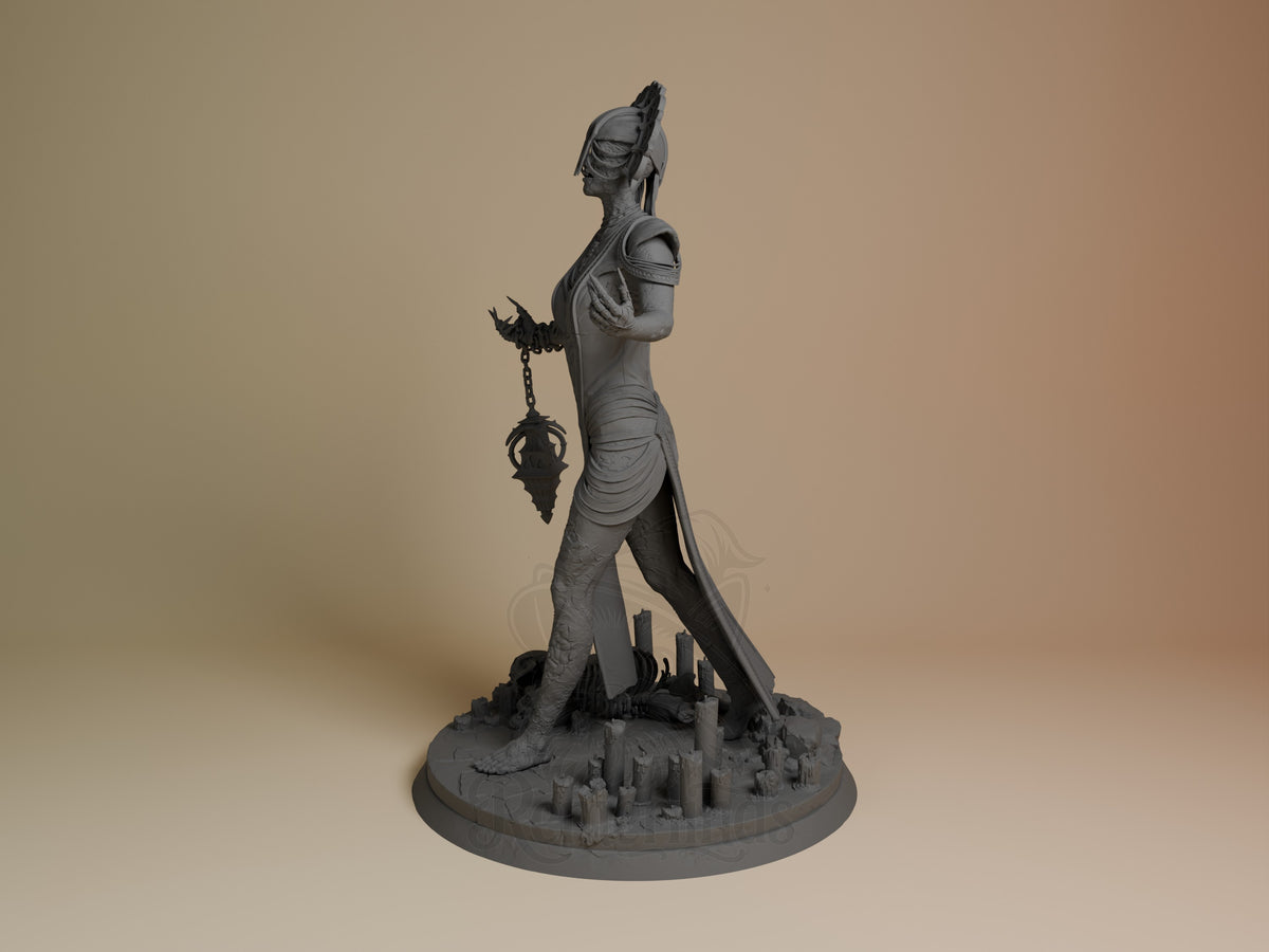 The Plague resin figure from Dead by Daylight shown from the side, unpainted gray, holding a spiked chain weapon, standing on a detailed base with miniature ruins.