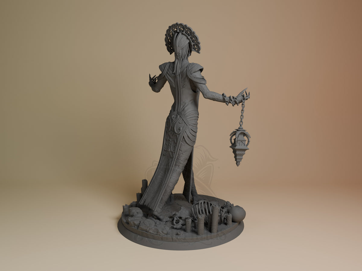 The Plague resin figure from Dead by Daylight shown from behind, displaying her ornate headdress, draped robes, and dangling chain pendant, unpainted gray resin on detailed base.