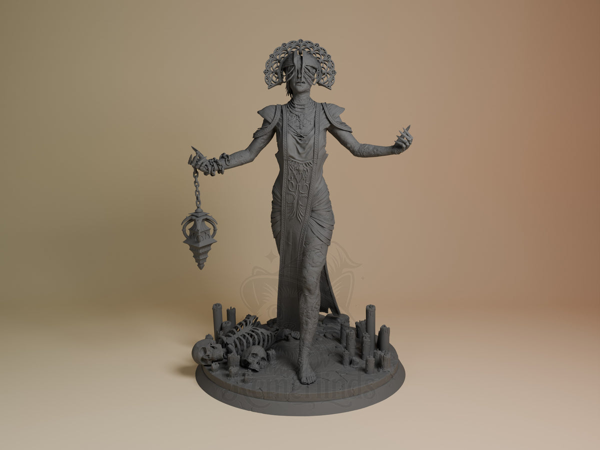The Plague resin figure from Dead by Daylight stands with arms outstretched, holding a ceremonial pendulum, unpainted gray with ornate headdress and detailed base featuring skulls.