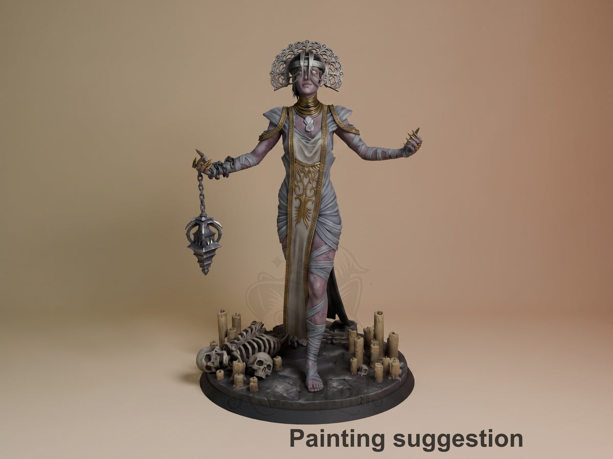 Painted resin figure of The Plague from Dead by Daylight, standing with arms outstretched on a skull-decorated base, holding a spiked chain weapon.