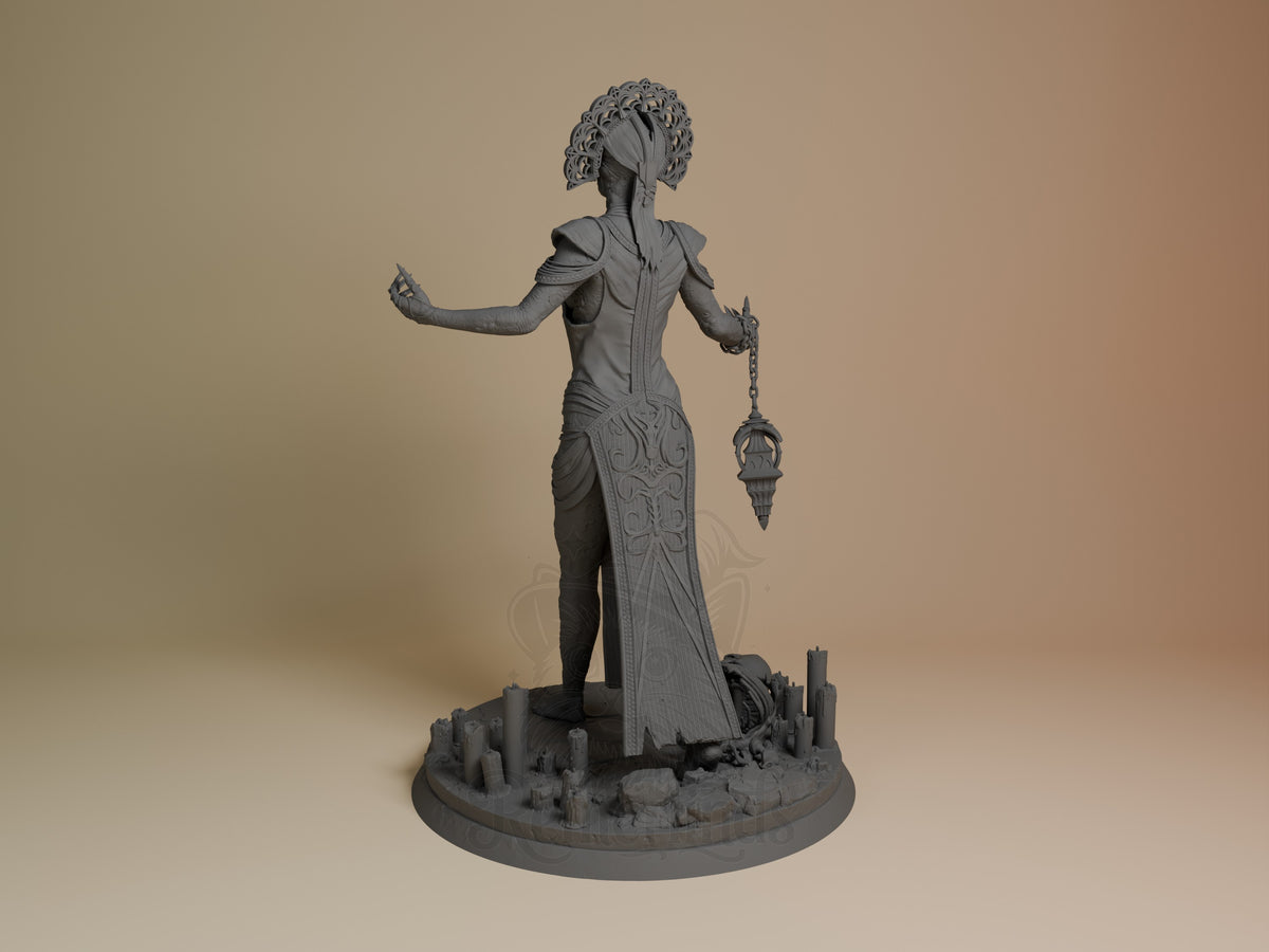 The Plague resin figure from Dead by Daylight shown from the side, unpainted gray, holding a pendulum, standing on a rubble base.