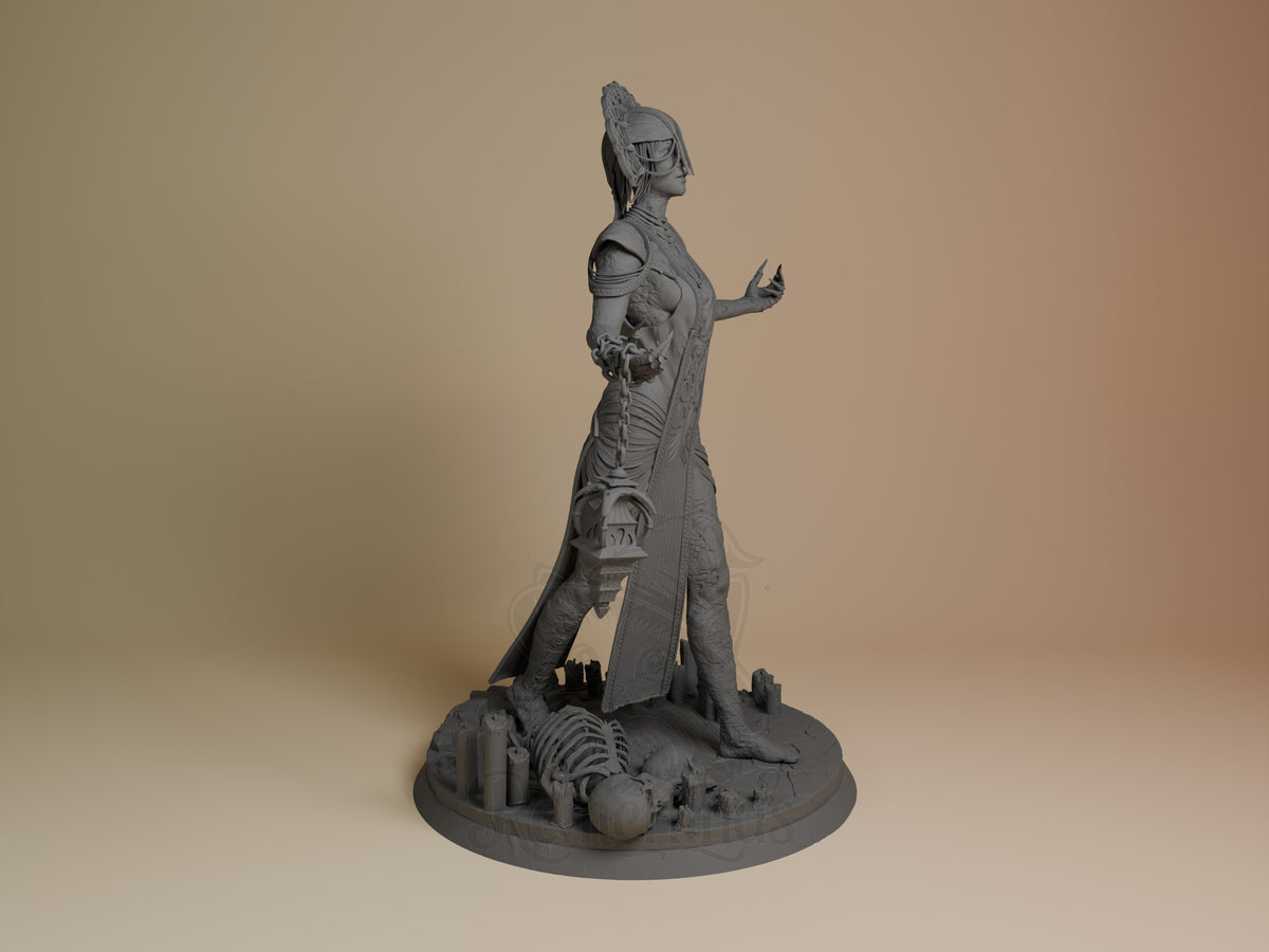 The Plague resin figure from Dead by Daylight shown in right profile, standing on a base with skeletal remains, unpainted gray resin.