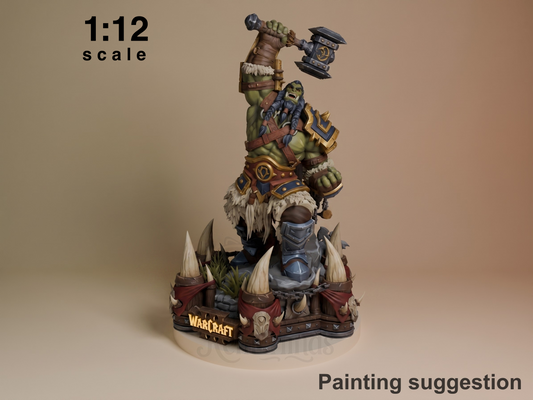 Thrall 1:12 scale resin figure from World of Warcraft, fully painted on ornate base, shown from front with character stacked vertically holding hammer aloft.