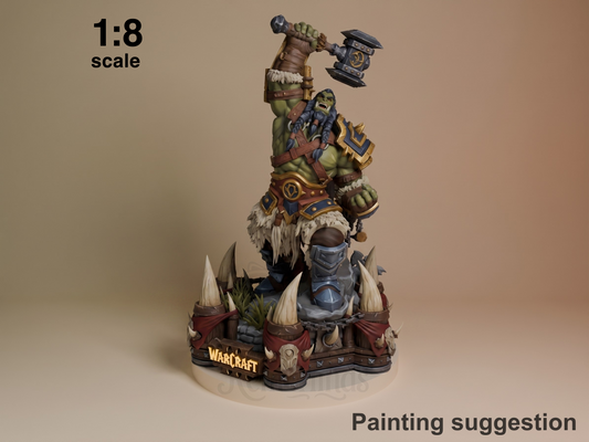 Thrall resin figure at 1:8 scale, fully painted in dynamic pose on ornate base, holding axe aloft with tusked orc warrior stacked vertically, World of Warcraft collectible.