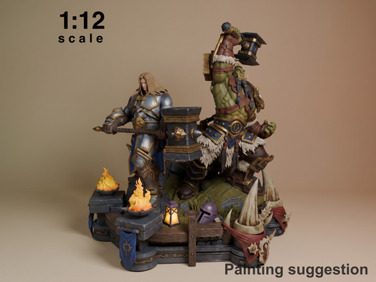 1:12 scale World of Warcraft resin diorama featuring painted Thrall and Arthas figures with camp base, fires, and detailed terrain elements.