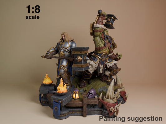 Painted 1:8 scale resin diorama featuring Thrall and Arthas from World of Warcraft, displayed on detailed fantasy base with campfire and wooden platforms.