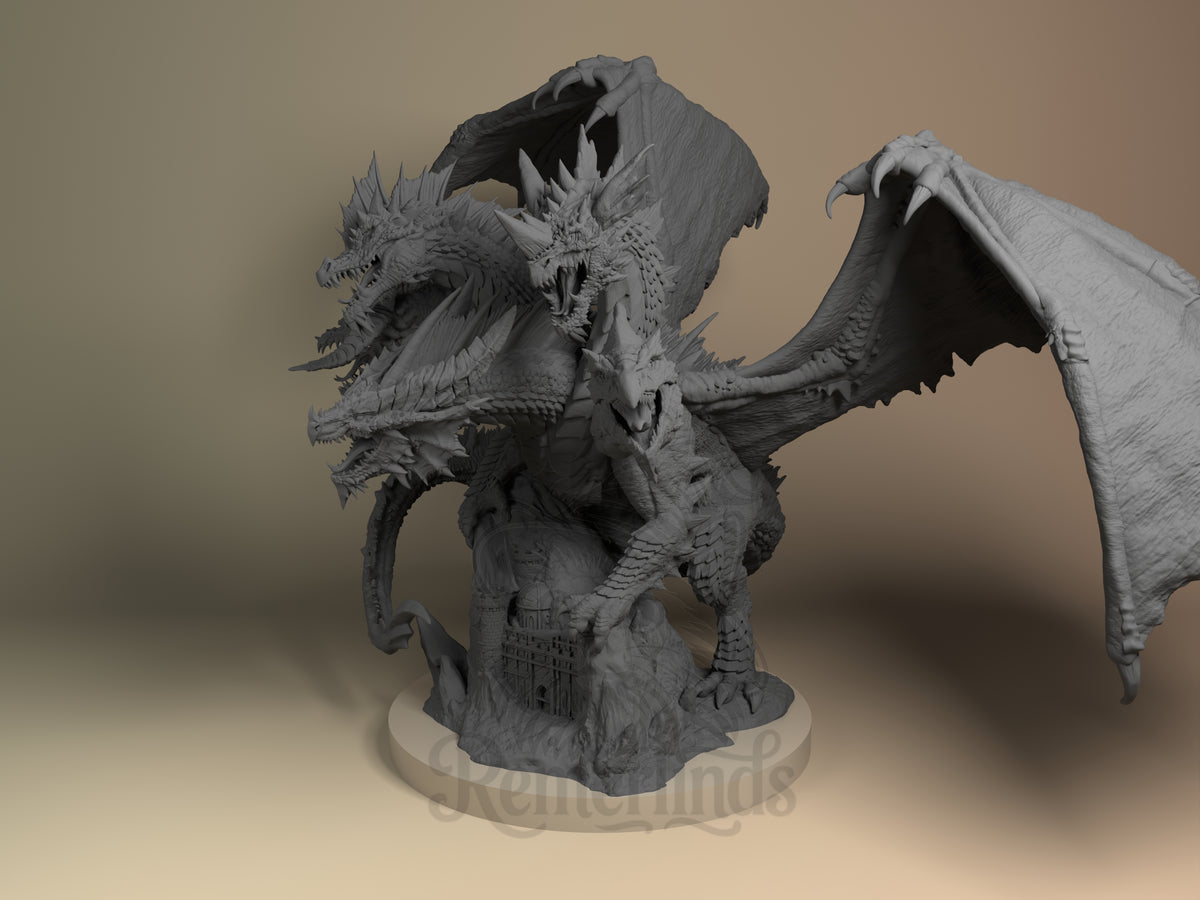 Fivefold Dragon Queen fantasy tabletop roleplaying game 3D printed resin figure by Nomnom, angled view showing dimensional details.