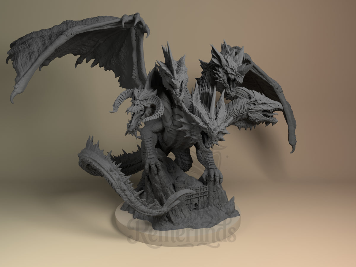 Tiamat from Dungeons & Dragons is shown front-facing as an unpainted resin figure with five heads, wings, and a castle base.