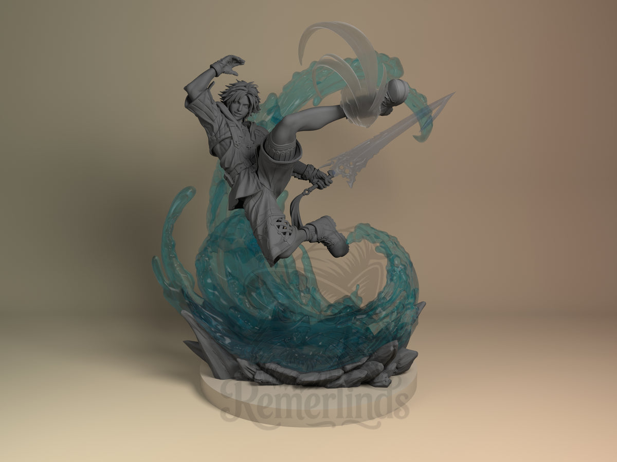 Tidus Final Fable 3D printed resin figure by Nomnom, unpainted front view. The miniature of Tidus captures a fluid and energetic moment mid-action with a high kick and sword ready. The figure is surrounded by a striking translucent wave effect that enhances the dynamic motion and suggests elemental power. The base includes rocky terrain details anchoring the figure, contributing to a vivid and dramatic composition characteristic of the Final Fantasy series.