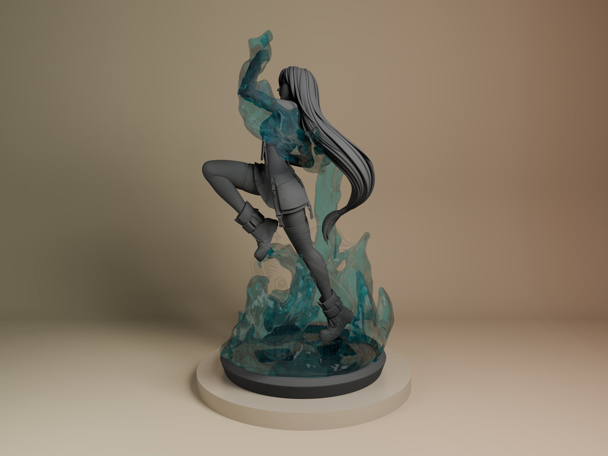 Tifa Lockhart resin figure in dynamic climbing pose with long black hair, dark outfit, and teal water effect base, shown from angled side view.