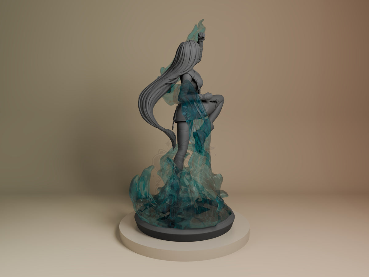 Tifa Lockhart resin figure from behind, showing long flowing hair, painted torso and teal crystal base, mounted on white platform.