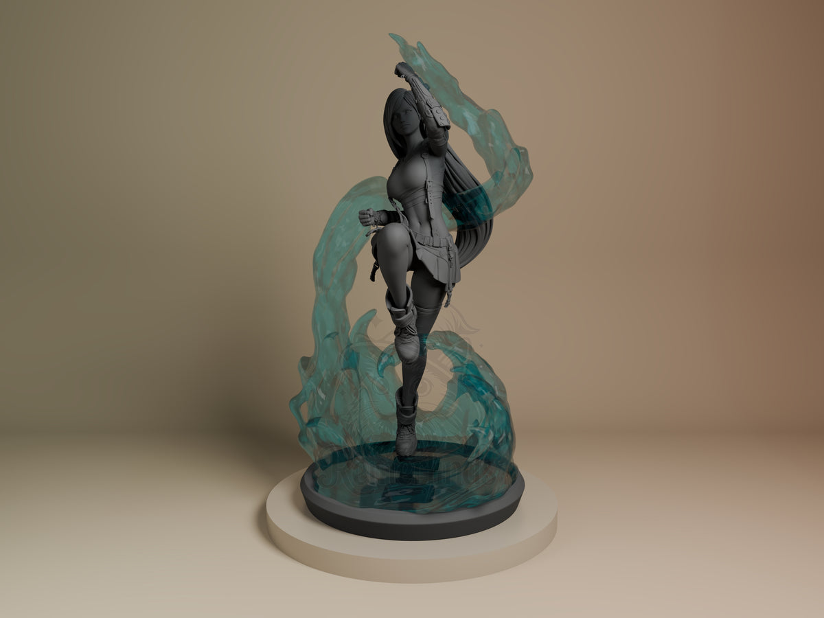 Tifa Lockhart resin figure from Final Fantasy, front view, dynamic running pose with turquoise energy effect base, unpainted gray finish.