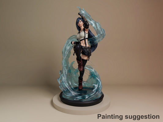 Tifa Lockhart resin figure in dynamic pose with water effect base, painted in blue/black outfit, front three-quarter view on circular stand.