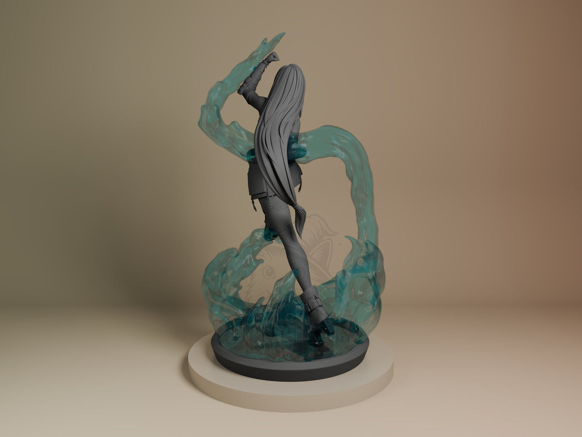 Tifa Lockhart resin figure shown from left side, mid-action pose with long hair flowing, teal water effects, painted in gray tones, on black base with white platform.