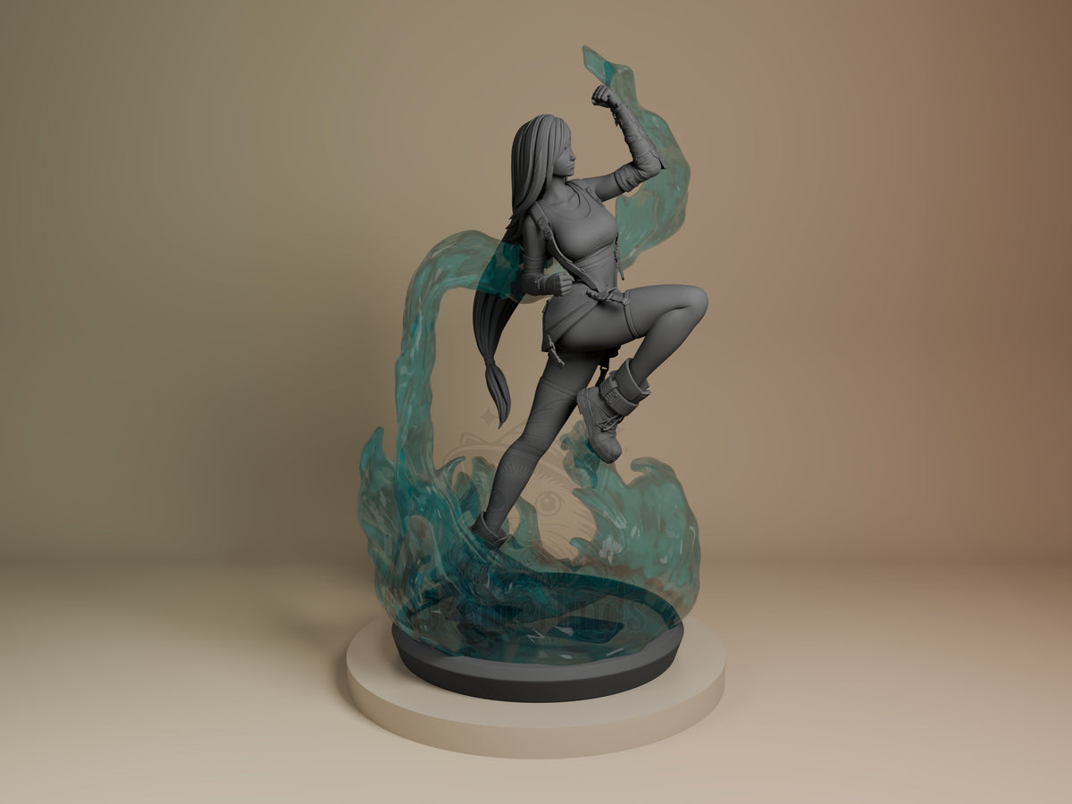 Tifa Lockhart resin figure in dynamic jumping pose against teal water effects base, shown from right side profile view with detailed painted armor and unpainted gray body.