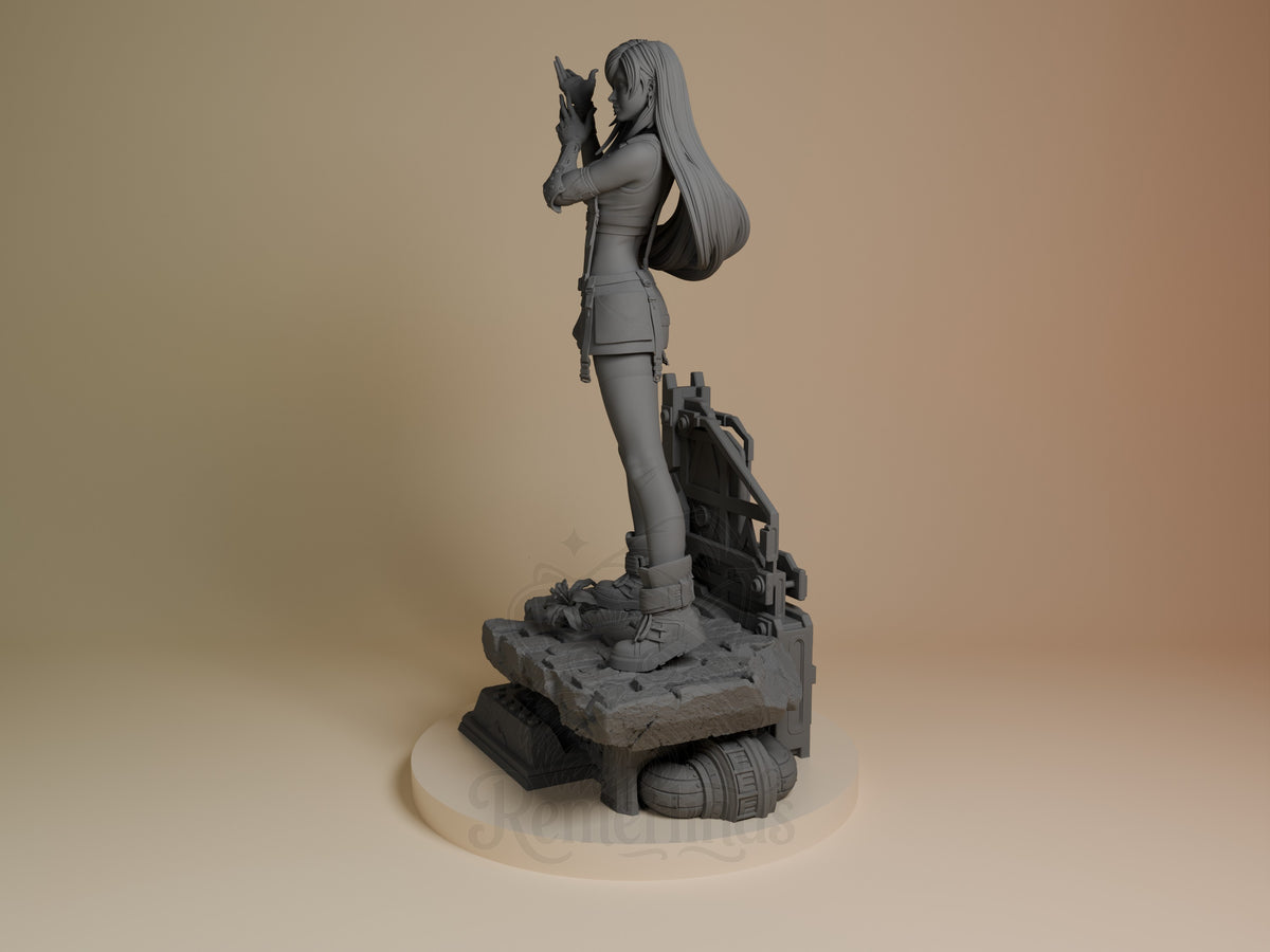 Tifa Lockhart resin figure displayed at side angle, unpainted gray, standing on detailed base with mechanical elements and treads.