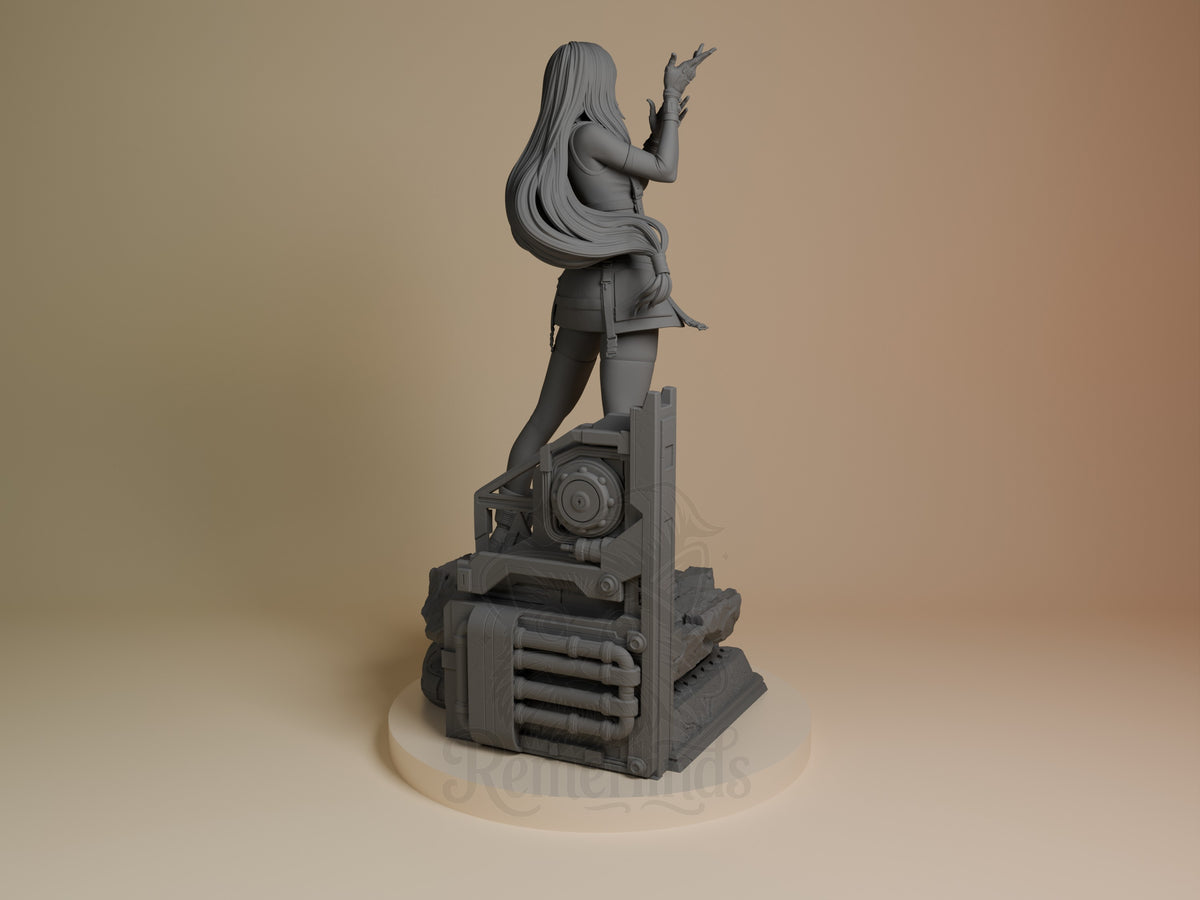 Tifa Lockhart resin figure shown from back, long hair flowing, posed on mechanical base, unpainted gray finish, dynamic stance with raised arm.