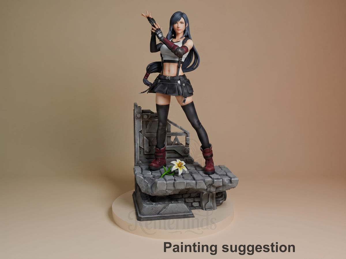 Tifa Lockhart resin figure from Final Fantasy, painted in dynamic pose on stone base, wearing black outfit with burgundy accents and thigh-high boots.